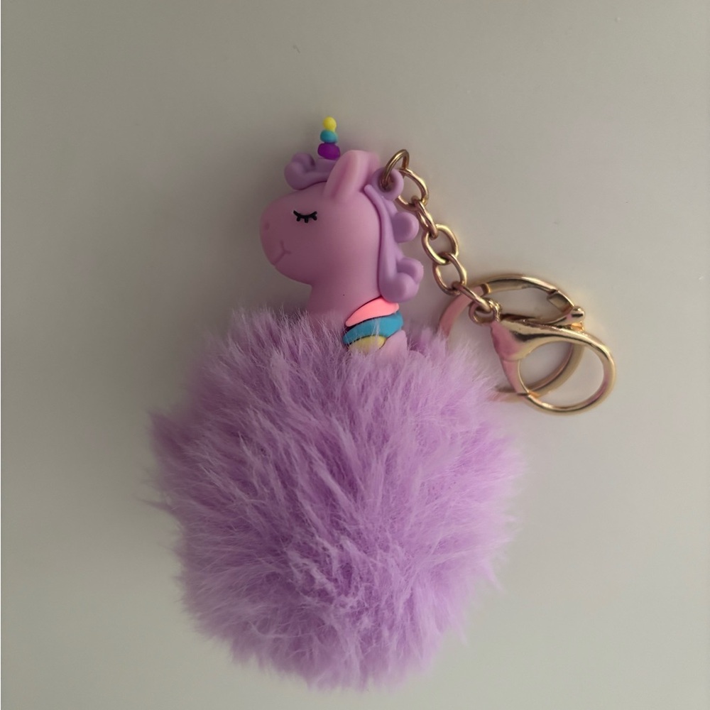 Purple Unicorn Pom Pom Keychain - Picture 2 of 2